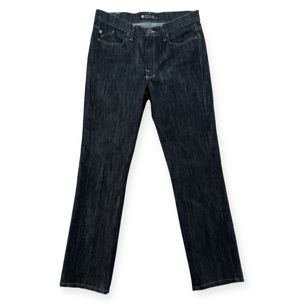 Rock & Republic Womens 30 Blue Denim Mid Rise Straight Leg Embroidered RR Jeans